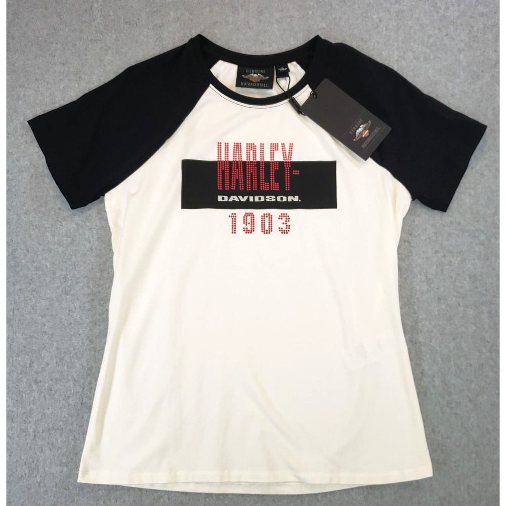 Harley-Davidson Womens Stacked Print T-Shirt Sz S White & Black NEW